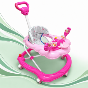 Ayush Shop baby walker with a printed padded seat, activity tray, rear push handle and wheeled base on a green wave background.