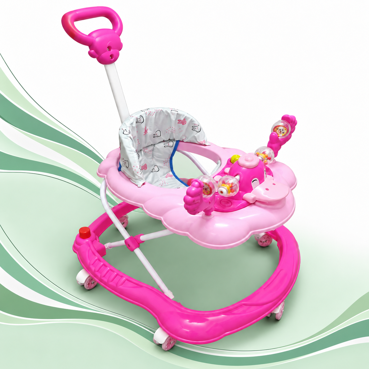 Ayush Shop baby walker with a printed padded seat, activity tray, rear push handle and wheeled base on a green wave background.
