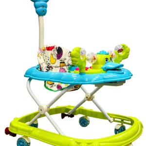 Ayush Shop Baby Walker with a blue tray, lime green base, patterned padded seat, toys, wheels and push handle