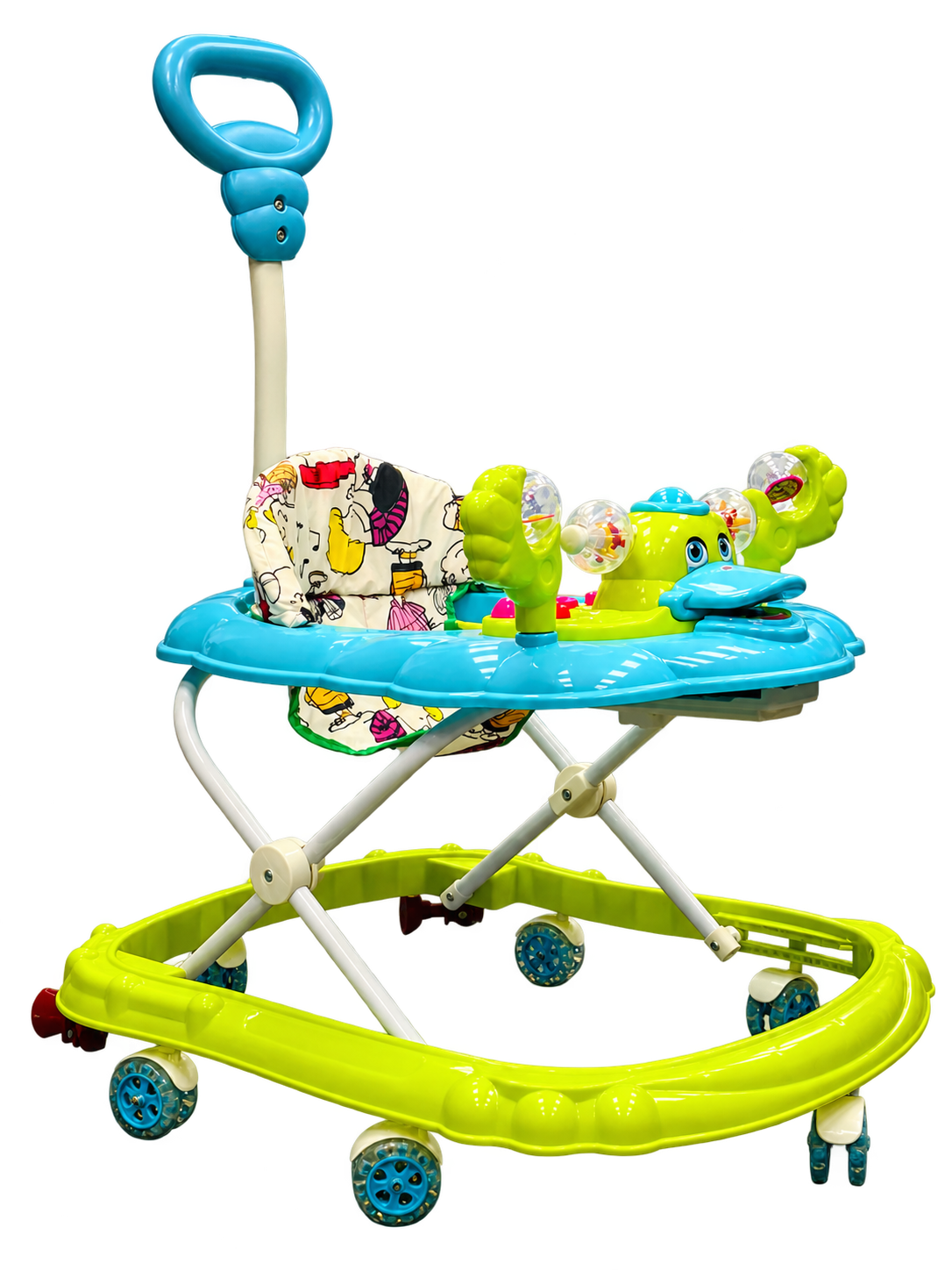 Ayush Shop Baby Walker with a blue tray, lime green base, patterned padded seat, toys, wheels and push handle
