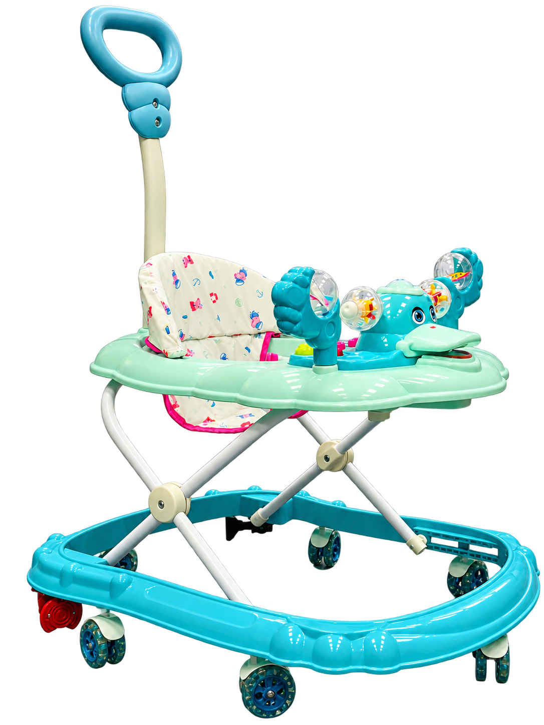 Blue Ayush Shop Baby Walker with a padded seat, toy tray, wheels and tall push handle
