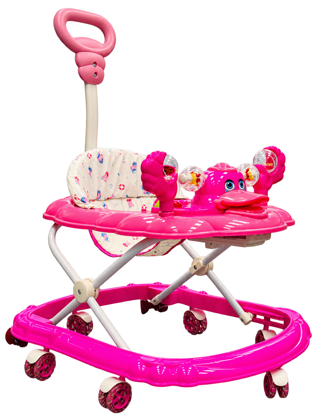 Pink Ayush Shop Baby Walker with a patterned padded seat, toy tray, wheels and tall push handle