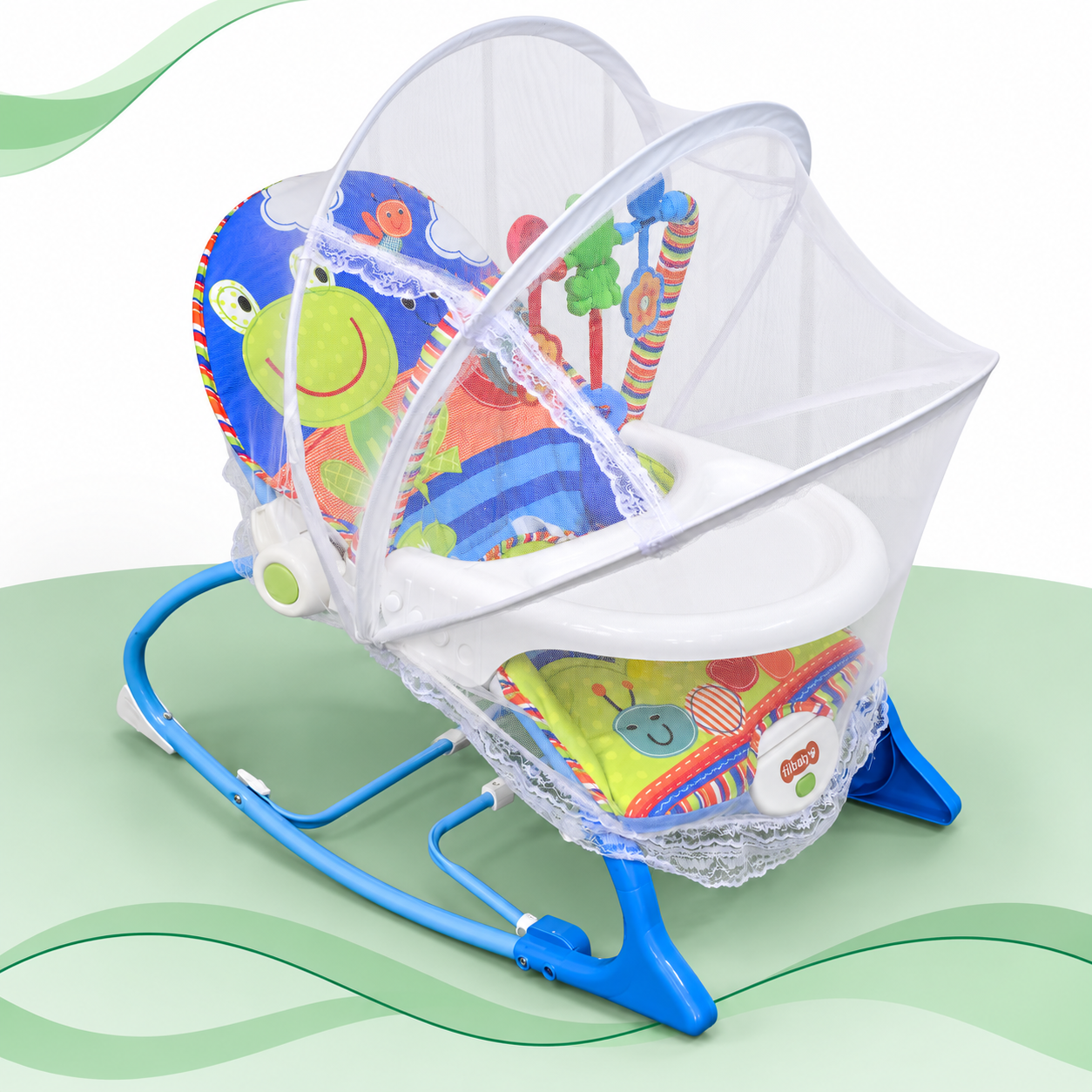 Baby rocker with a printed padded seat, mesh mosquito net, hanging toys and white front tray on a light green floor.