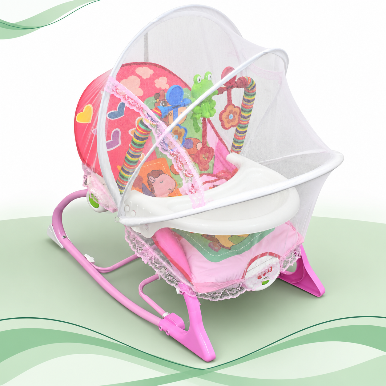 Baby rocker with a printed padded seat, mesh mosquito net, hanging toys and white front tray on a light green floor.