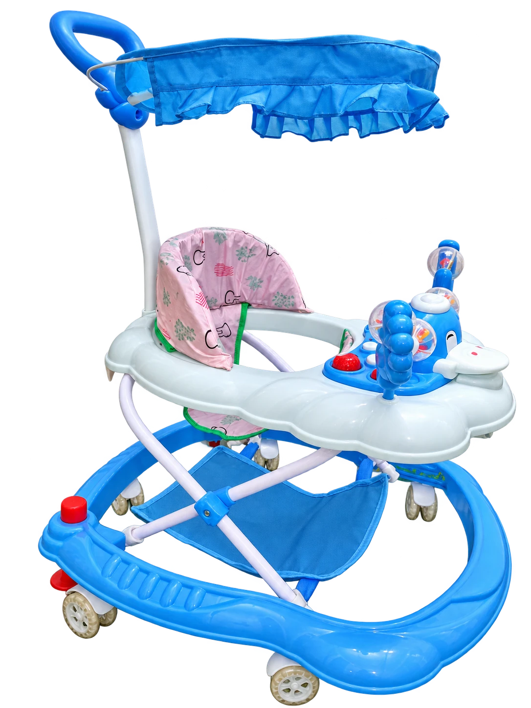 Blue baby walker with a blue fabric canopy, white toy tray, pink patterned padded seat and wheels.