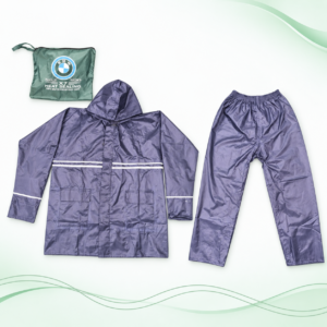 Slate purple BMW raincoat set with a hooded jacket, matching trousers and green BMW-logo carry pouch on a white and green wave background.