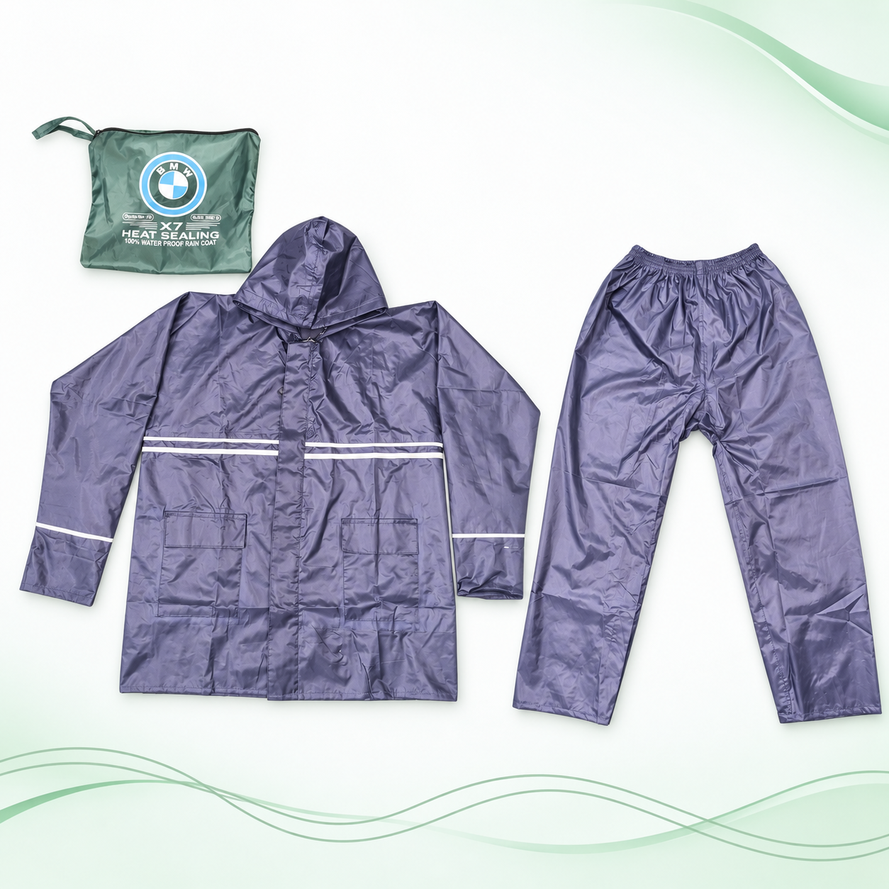 Slate purple BMW raincoat set with a hooded jacket, matching trousers and green BMW-logo carry pouch on a white and green wave background.