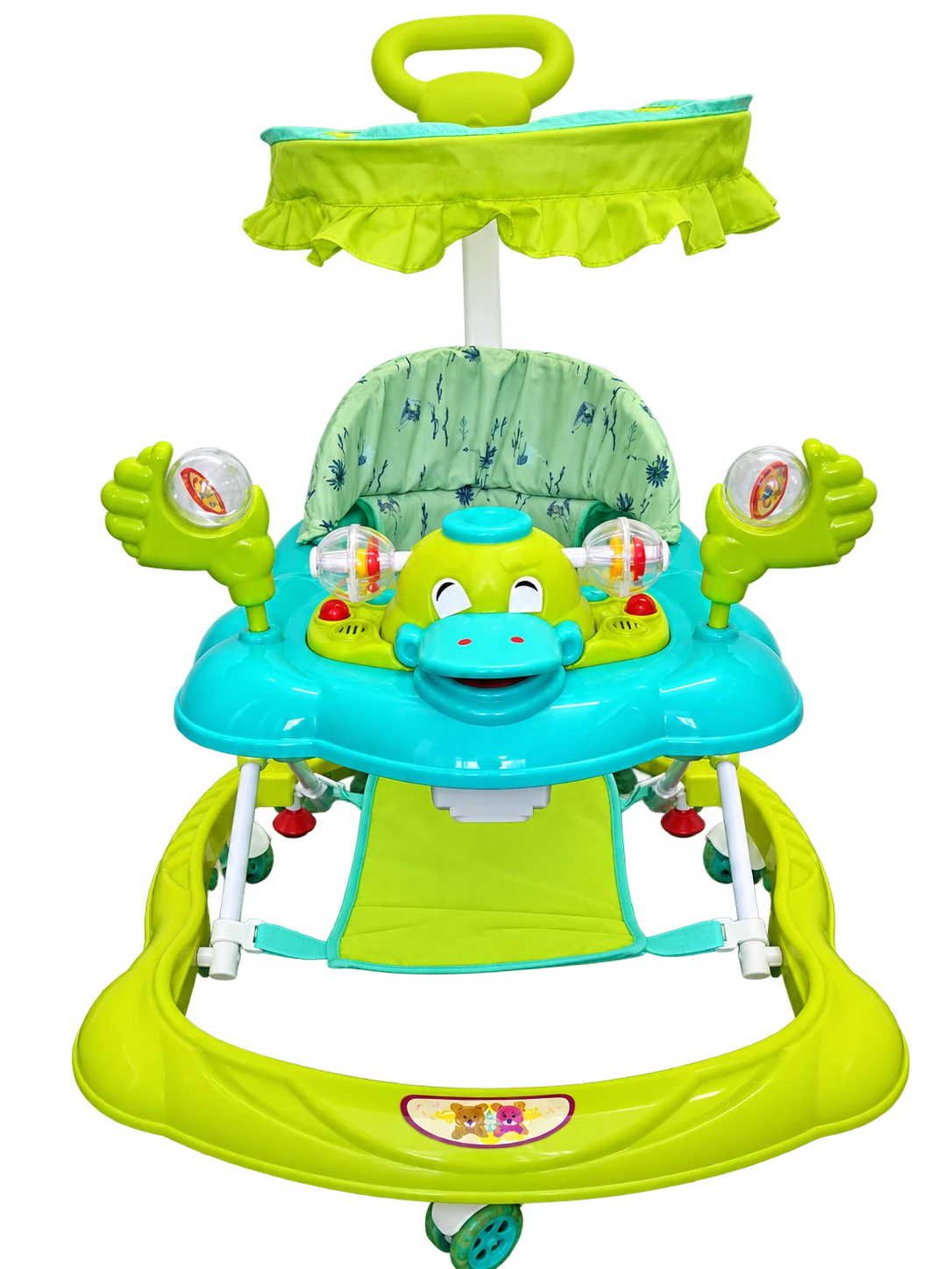 Lime green baby walker with a turquoise toy tray, fabric canopy, patterned padded seat and wheels.