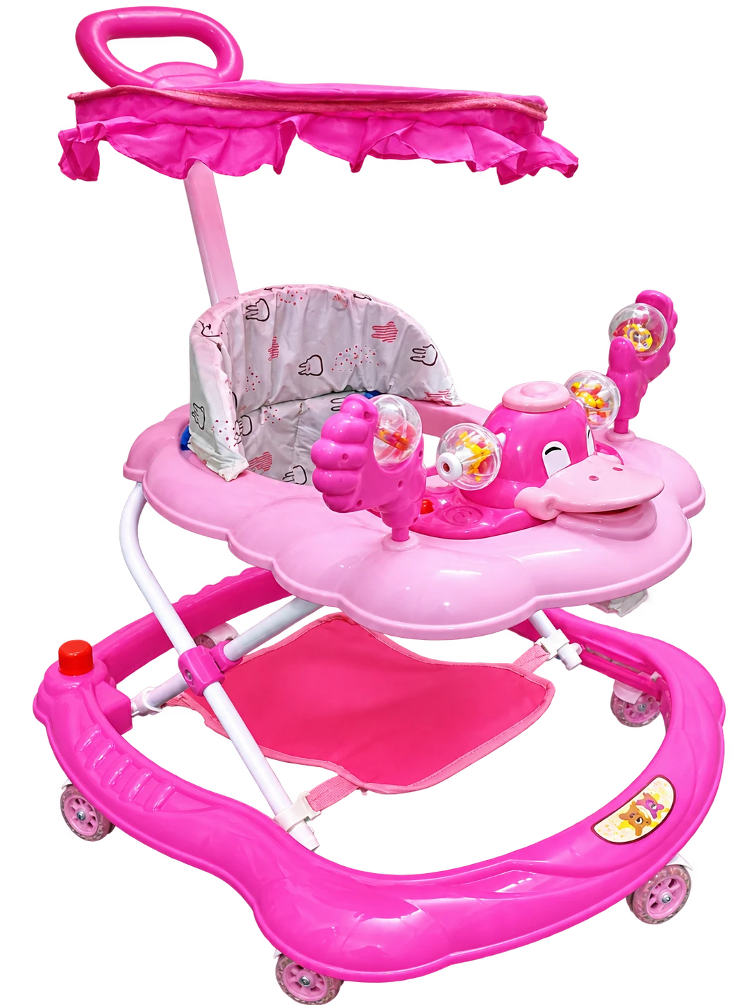 Pink baby walker with a fabric canopy, patterned padded seat, toy tray and wheels.