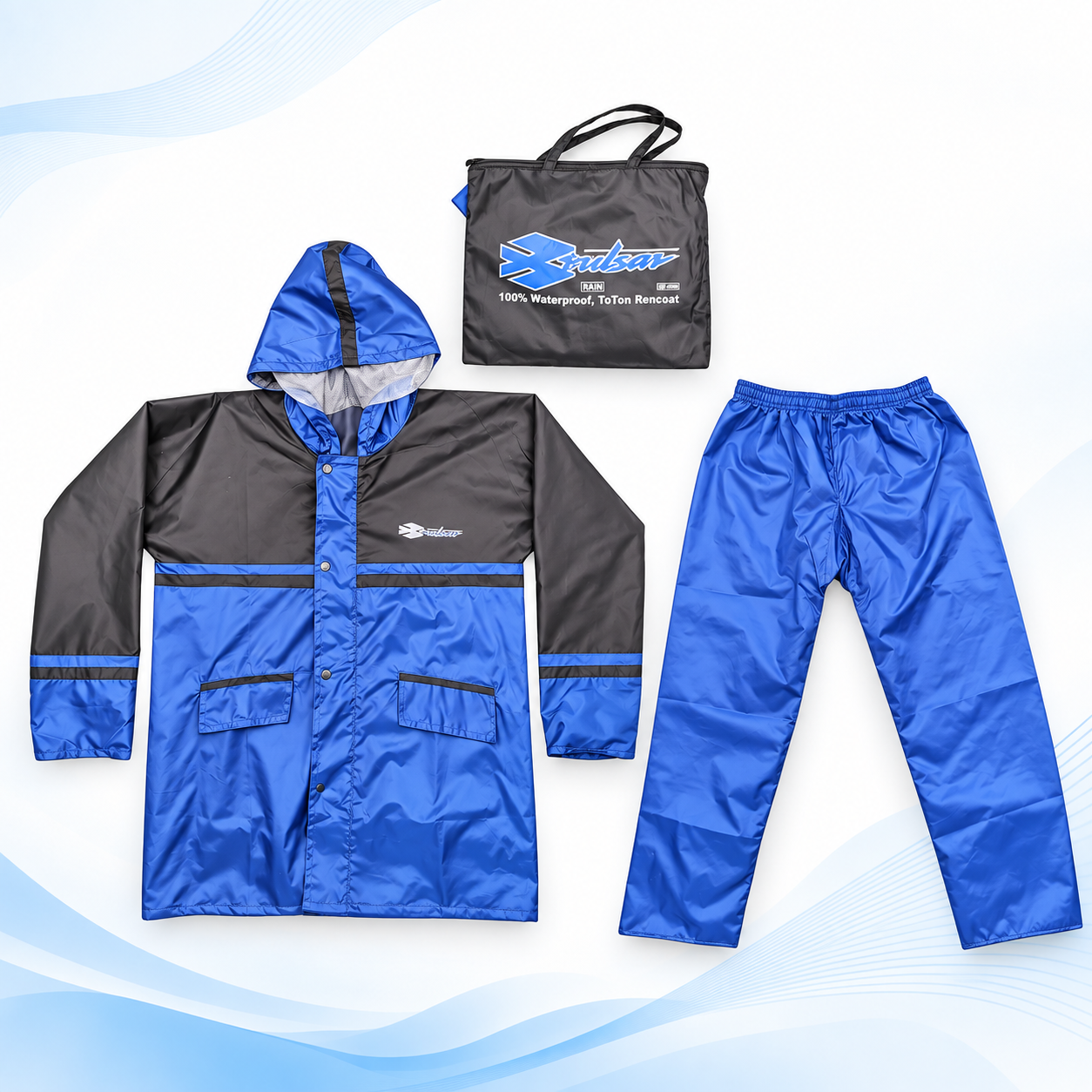 Pulsar raincoat set with blue and black hooded jacket, matching blue waterproof pants and black carry bag.