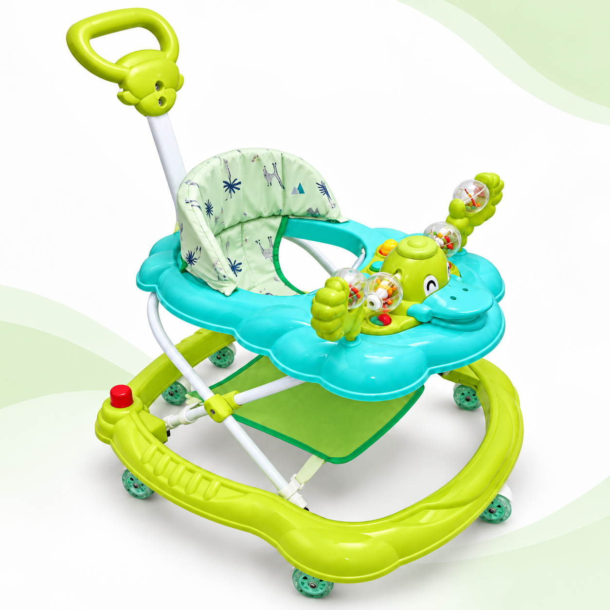 Smile Baby Walker with padded seat, rear push handle, interactive activity tray, footrest and multi-wheel base.