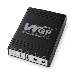 Black WGP103-5912 Mini UPS with 5V USB, 9V and 12V DC output ports on a white background.