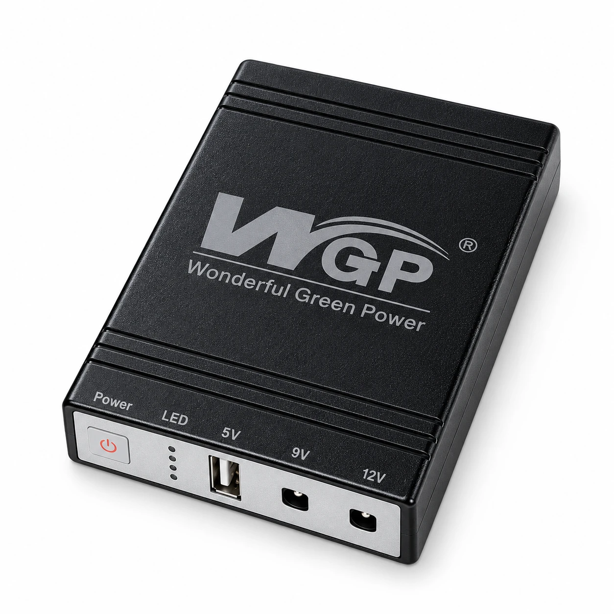 Black WGP103-5912 Mini UPS with 5V USB, 9V and 12V DC output ports on a white background.